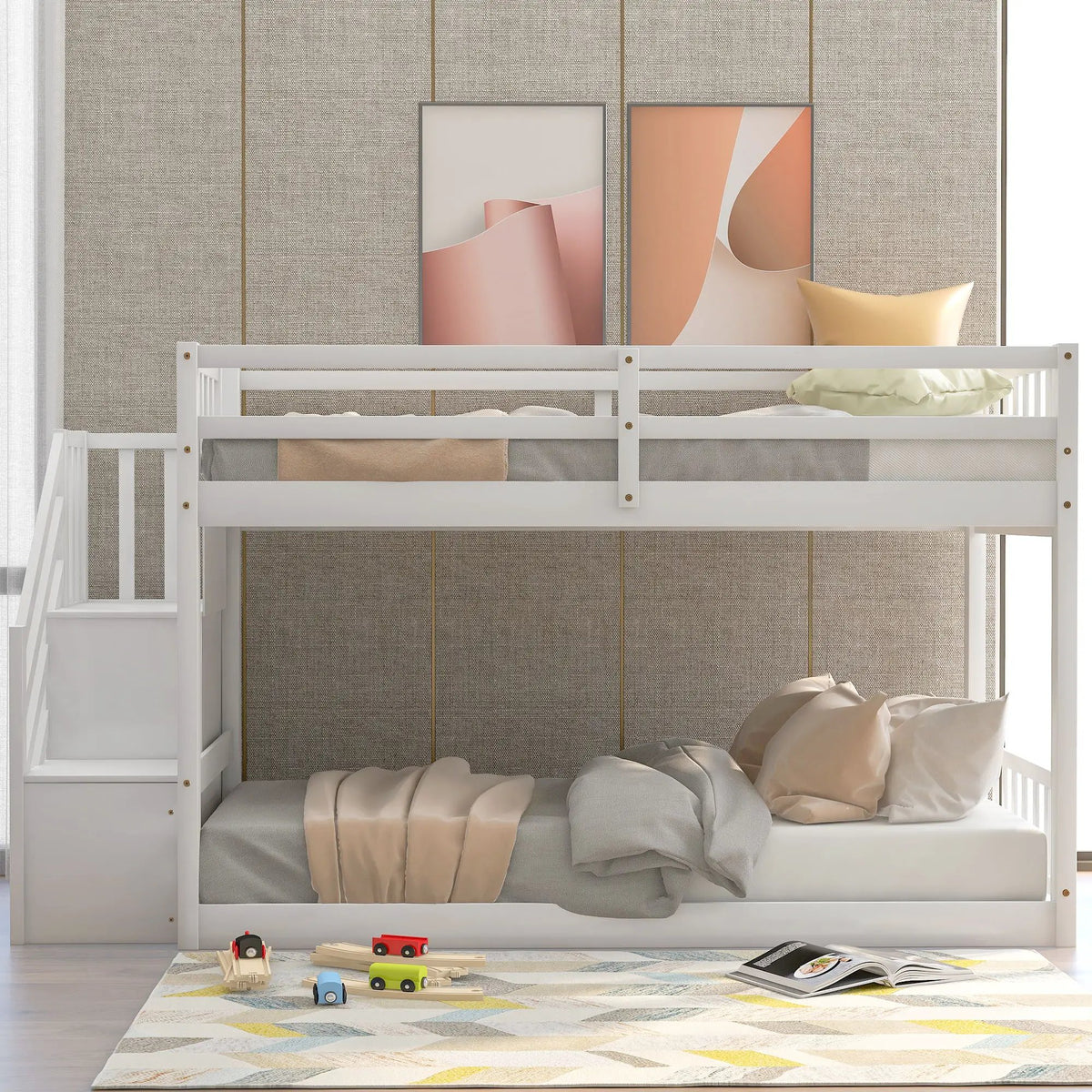 Floor Bunk Bed | Dual Guardrails | Ladder Storage | Twin Over Twin