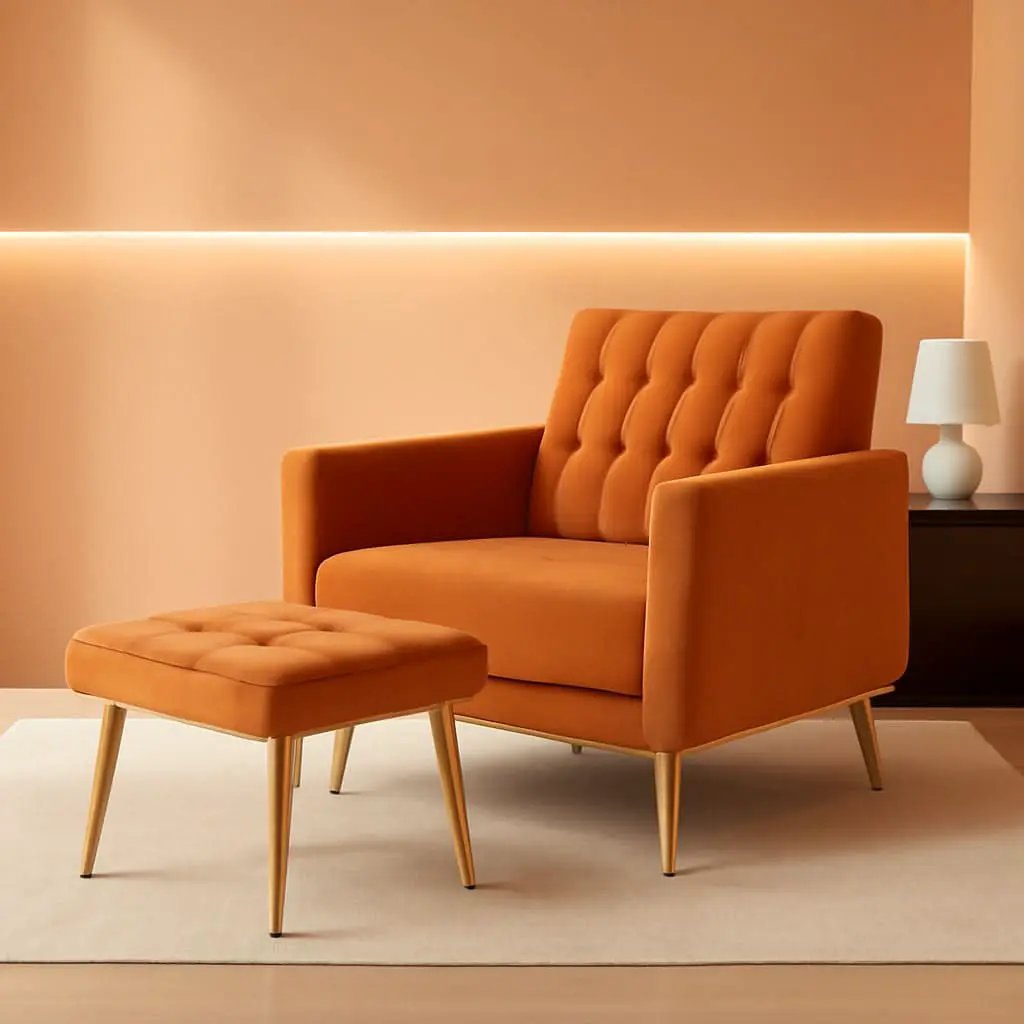 Velvet Armchair With Ottoman And Adjustable Backrest Orange from PriceLows™