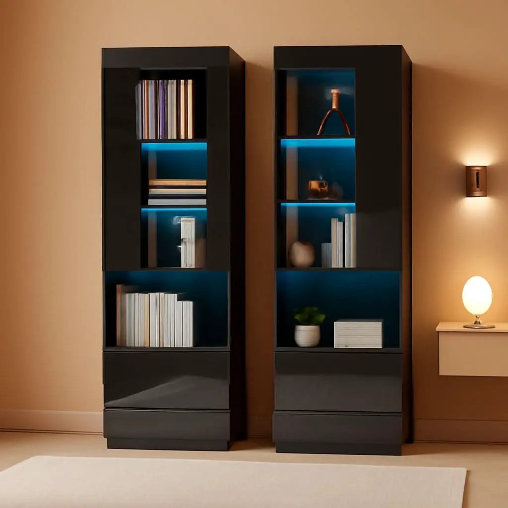 Two Piece 71 Inch Tall Bookcase Storage Cabinet With Glass Doors Set Of Two For Living Room And Office from PriceLows™