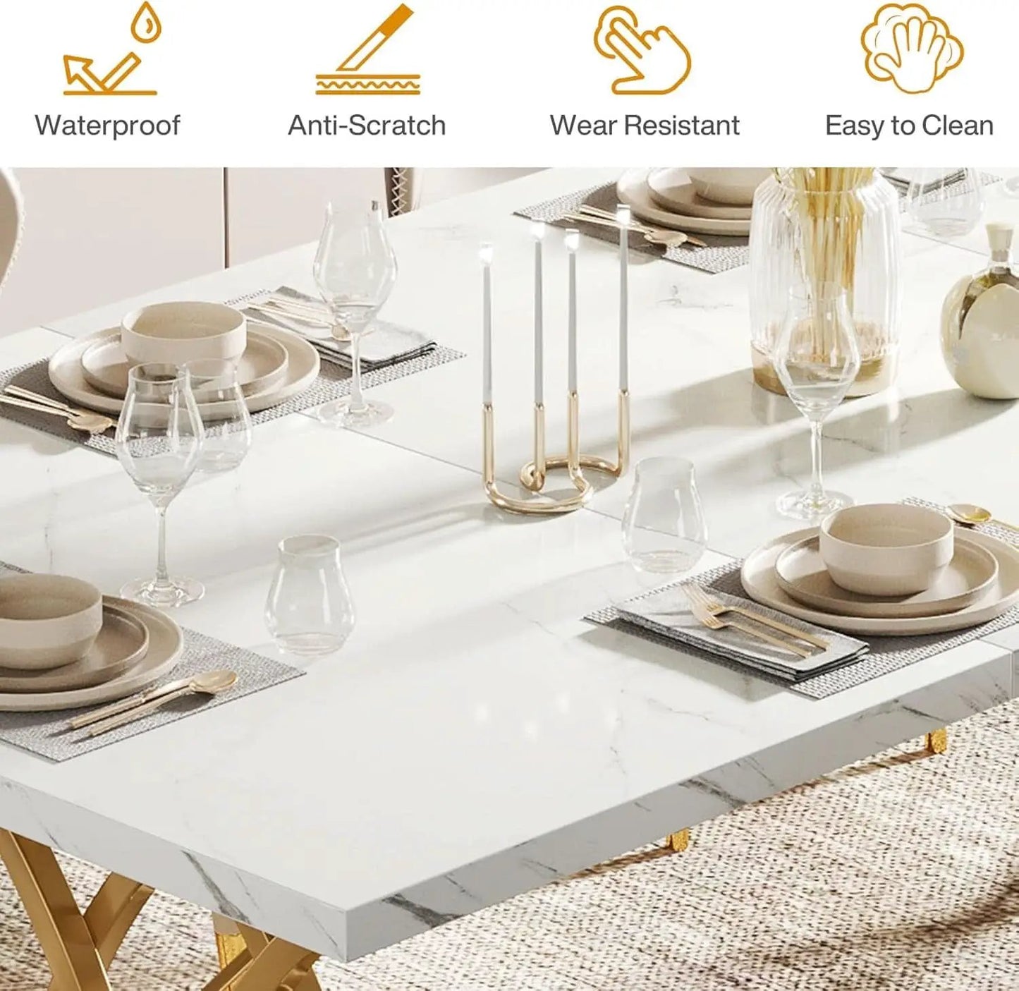 63 Inch Dining Table With Faux Marble Top For Kitchen And Dining Room from PriceLows™
