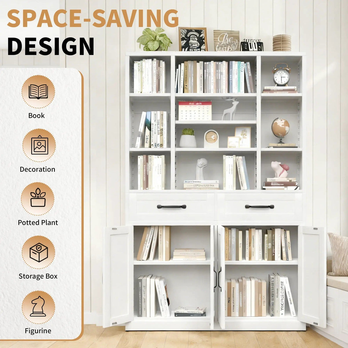 Industrial Bookcase Tall With Adjustable Shelves, Drawers & Doors | 47.2 x 11.8 x 70.9 in | Steel | Home Office