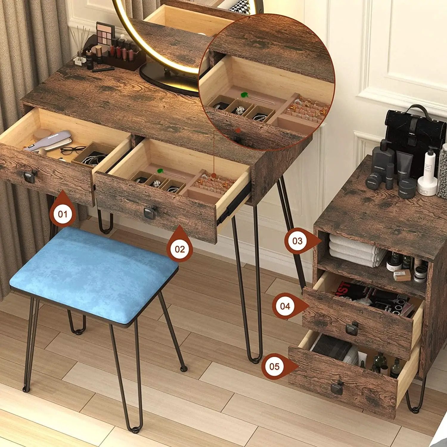 Vanity Desk Set With Drawers And LED Lighted Mirror from PriceLows™