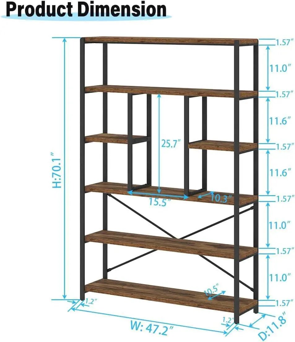 Rustic Industrial 6 Tier Bookcase Brown Wood Black Metal from PriceLows™