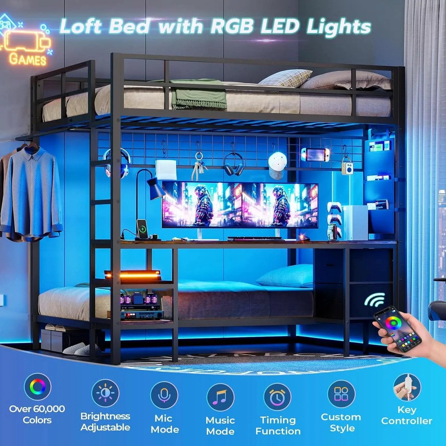 Black Full Over Twin Metal Bunk Bed With Desk LED Lights from PriceLows™