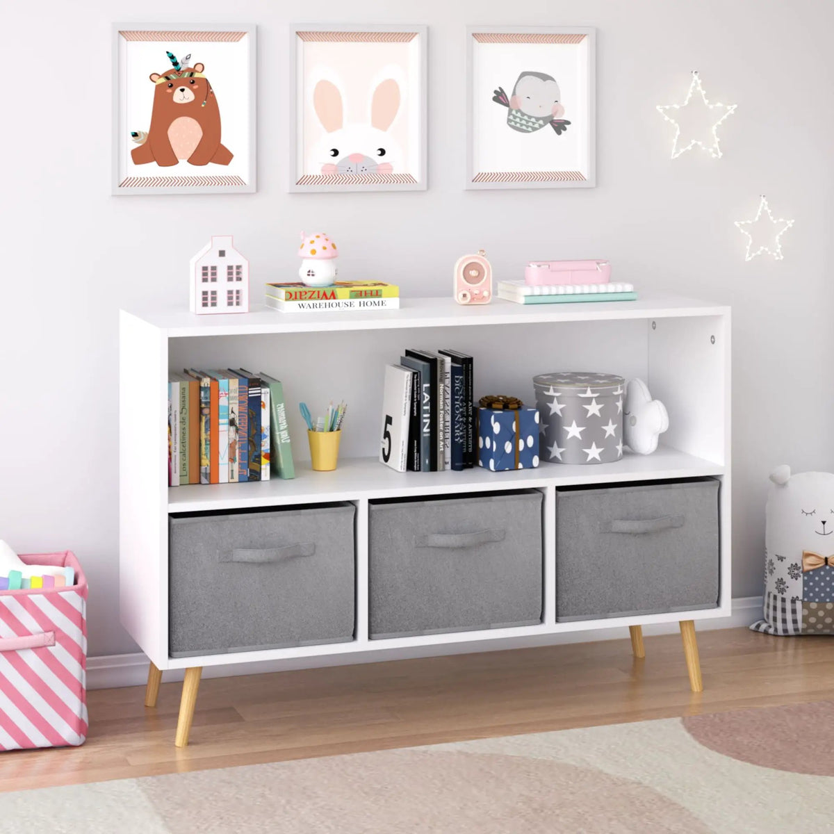 Bookcase With Collapsible Drawers | Three Fabric Drawers | Tip-Over Restraint | Book Display Organizer