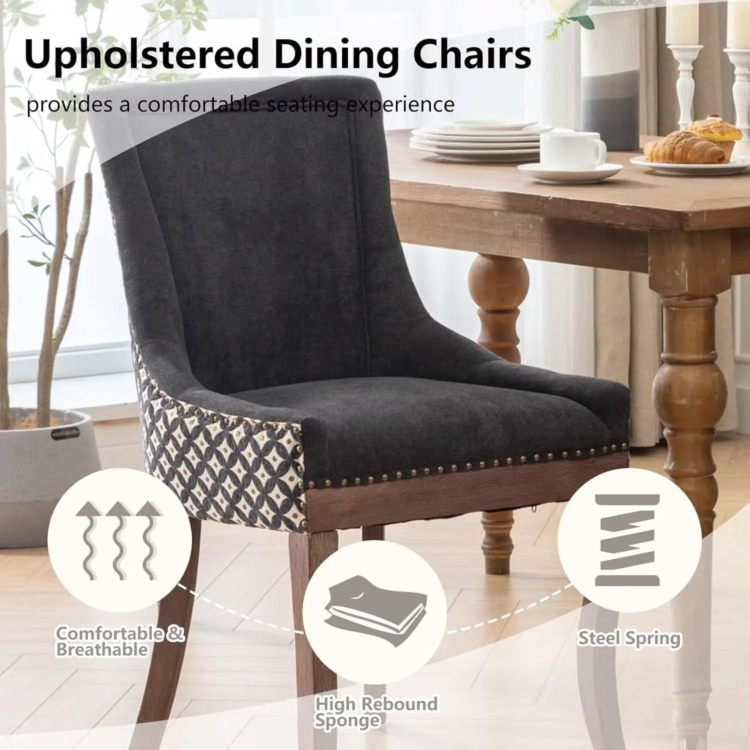 Dining Chairs Set Of 2 High Back Upholstered Fabric With Solid Wood Legs from PriceLows™