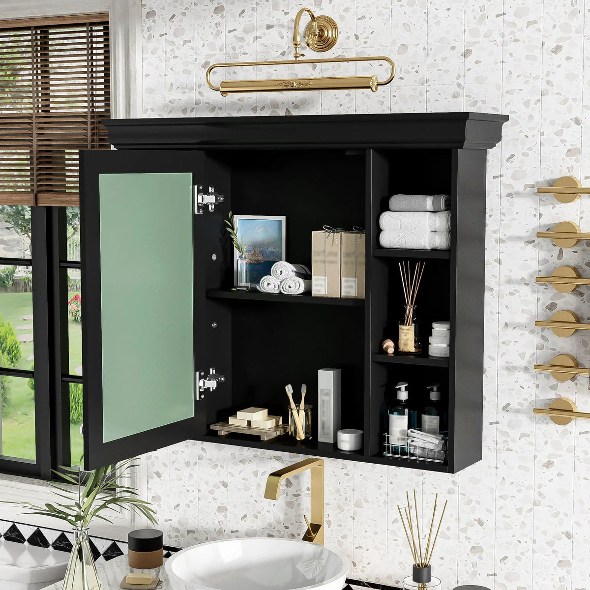 Wall Mounted Bathroom Storage Cabinet | Mirror Door | Silver Metal Handles | Open Shelves