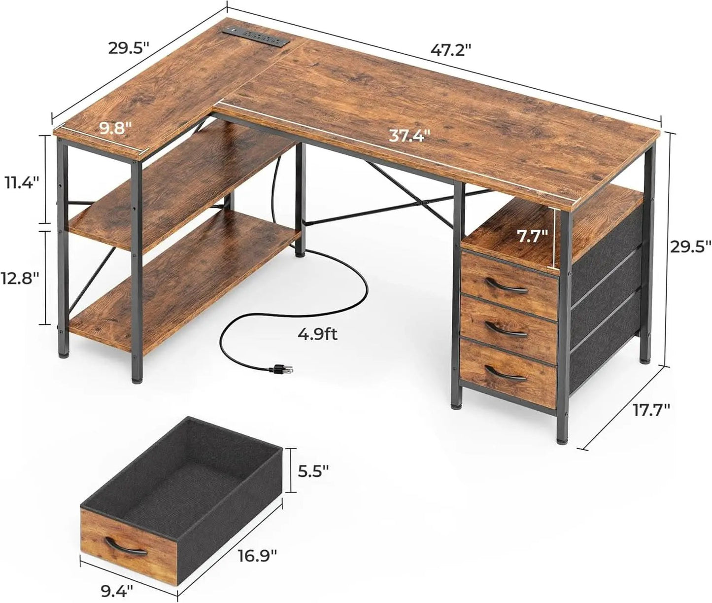 L Shaped Desk 47 Inch With Power Outlets For Home Office from PriceLows™
