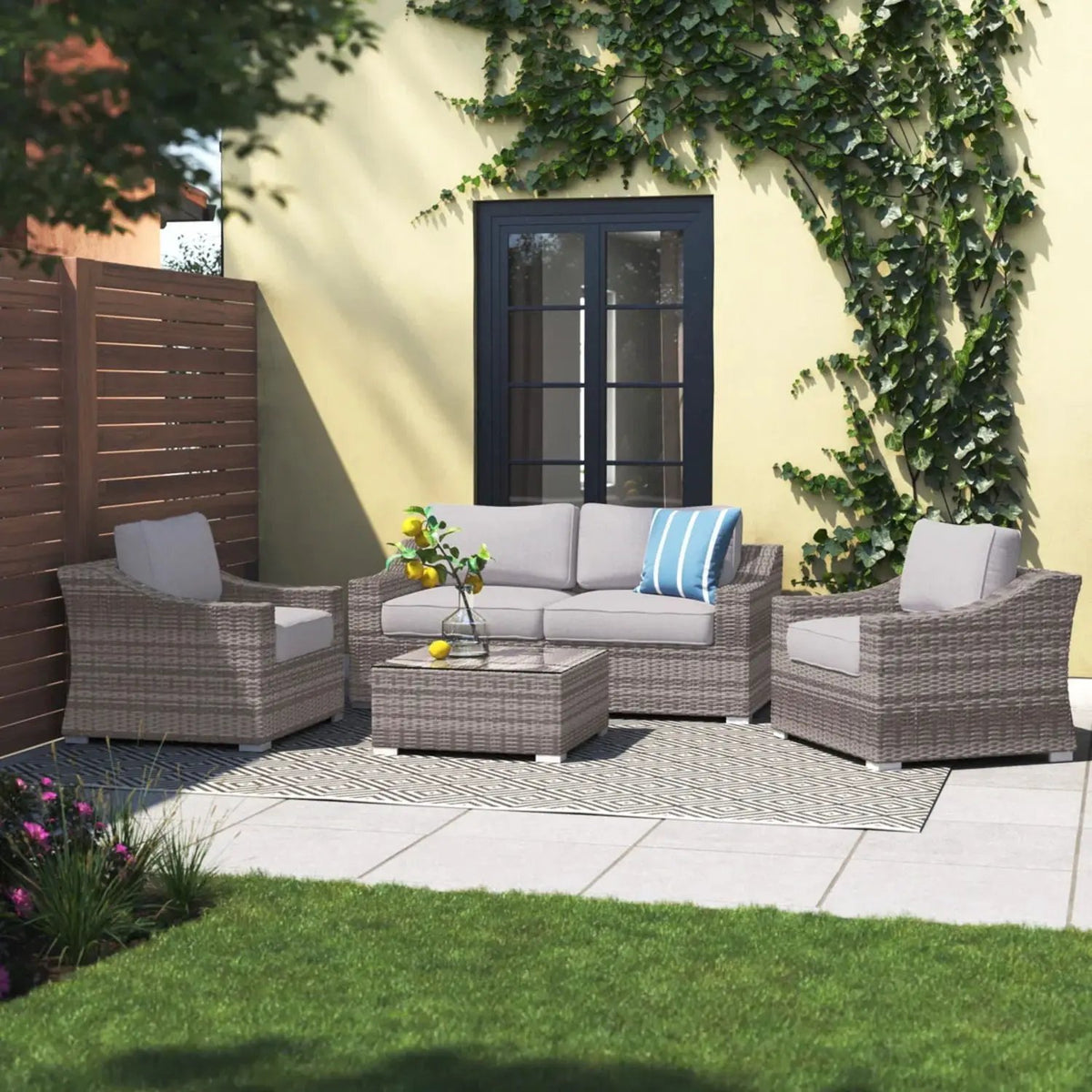 Outdoor Wicker Conversation Set | All-Weather Resin | Tempered Glass Table | 5 Inch Cushions