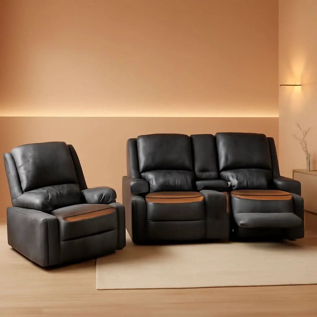 Grey Leather Reclining Loveseat Sofa Set With Console And Two Chairs from PriceLows™