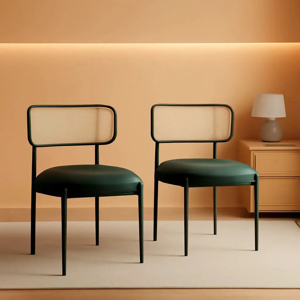 Green Rattan Backrest Mid Century Dining Chairs Set Of 2 from PriceLows™