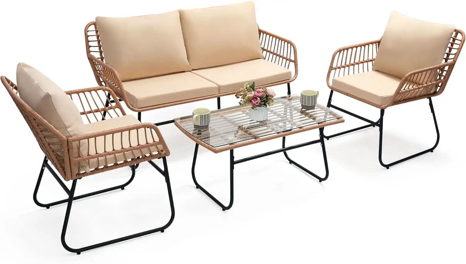 Four Piece Outdoor Wicker Sofa Rattan Chairs Set from PriceLows™