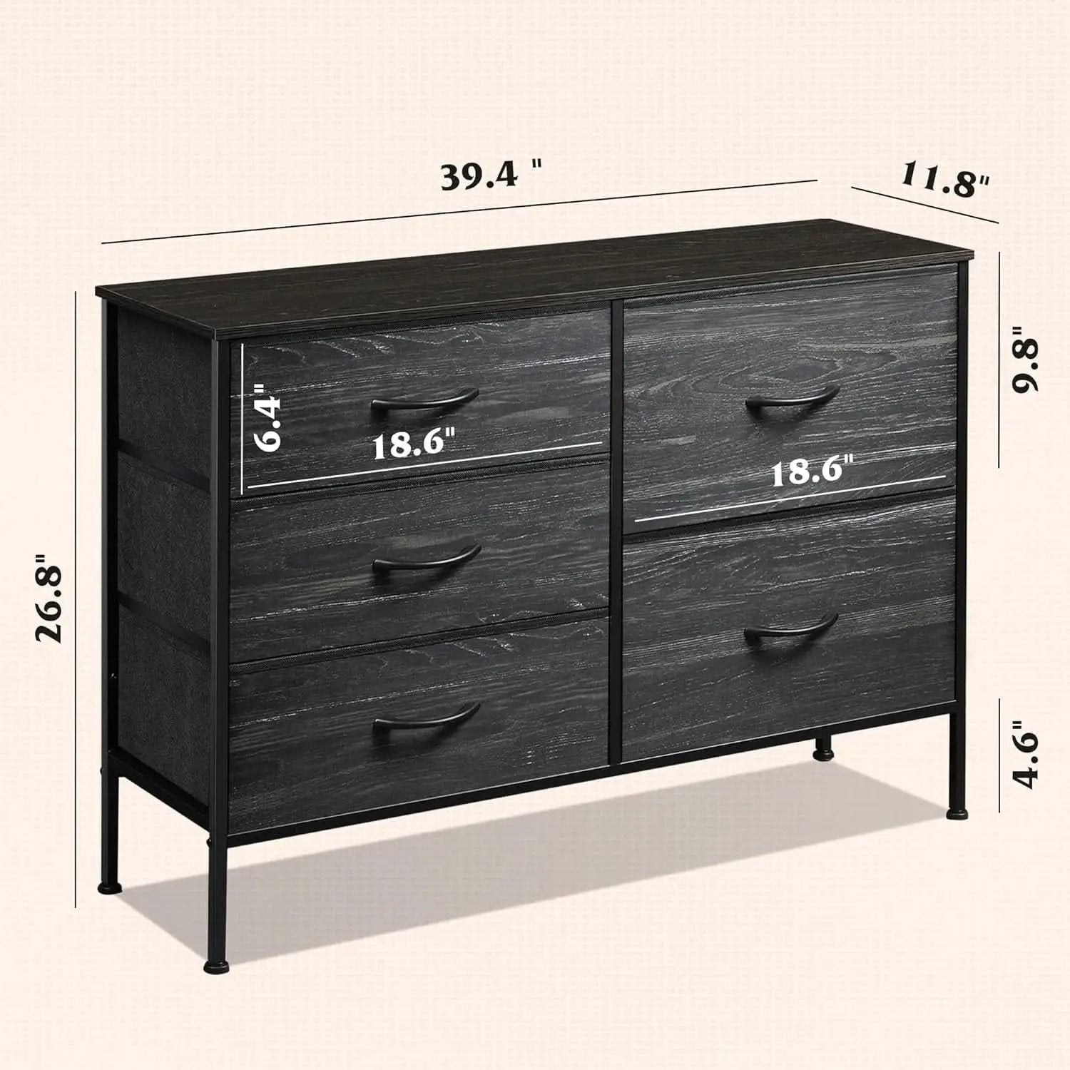 Fabric Dresser With 5 Drawers Charcoal Black Wood Grain from PriceLows™