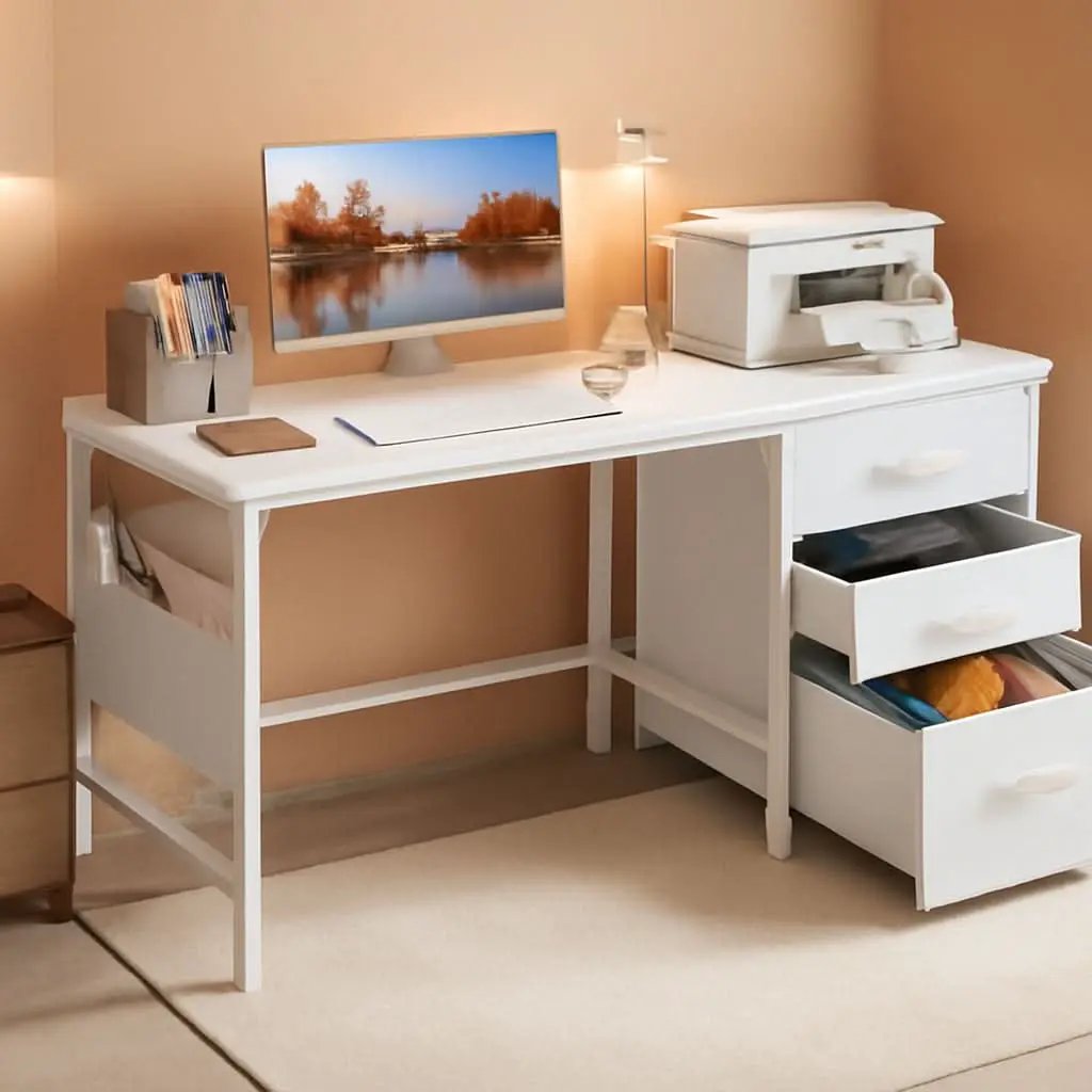 47 Inch White Computer Desk With Fabric File Drawers from PriceLows™