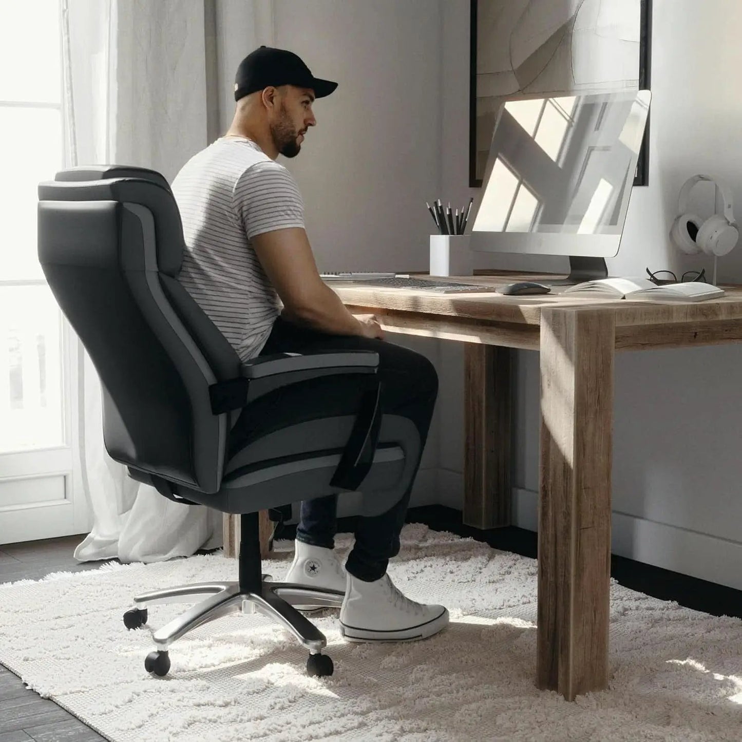 High-Back Headrest Ergonomic Office Chair Black LeatherSoft from PriceLows™