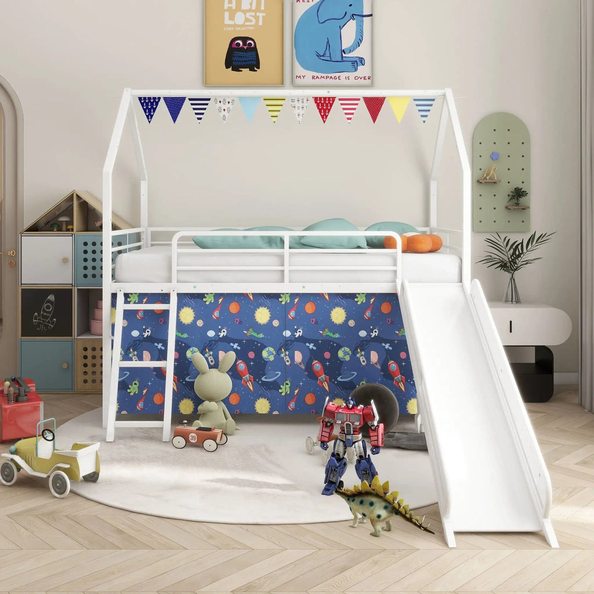 Jack House Loft Bed With Slide And Curtain Set | 5 Pieces | Metal | Bedroom