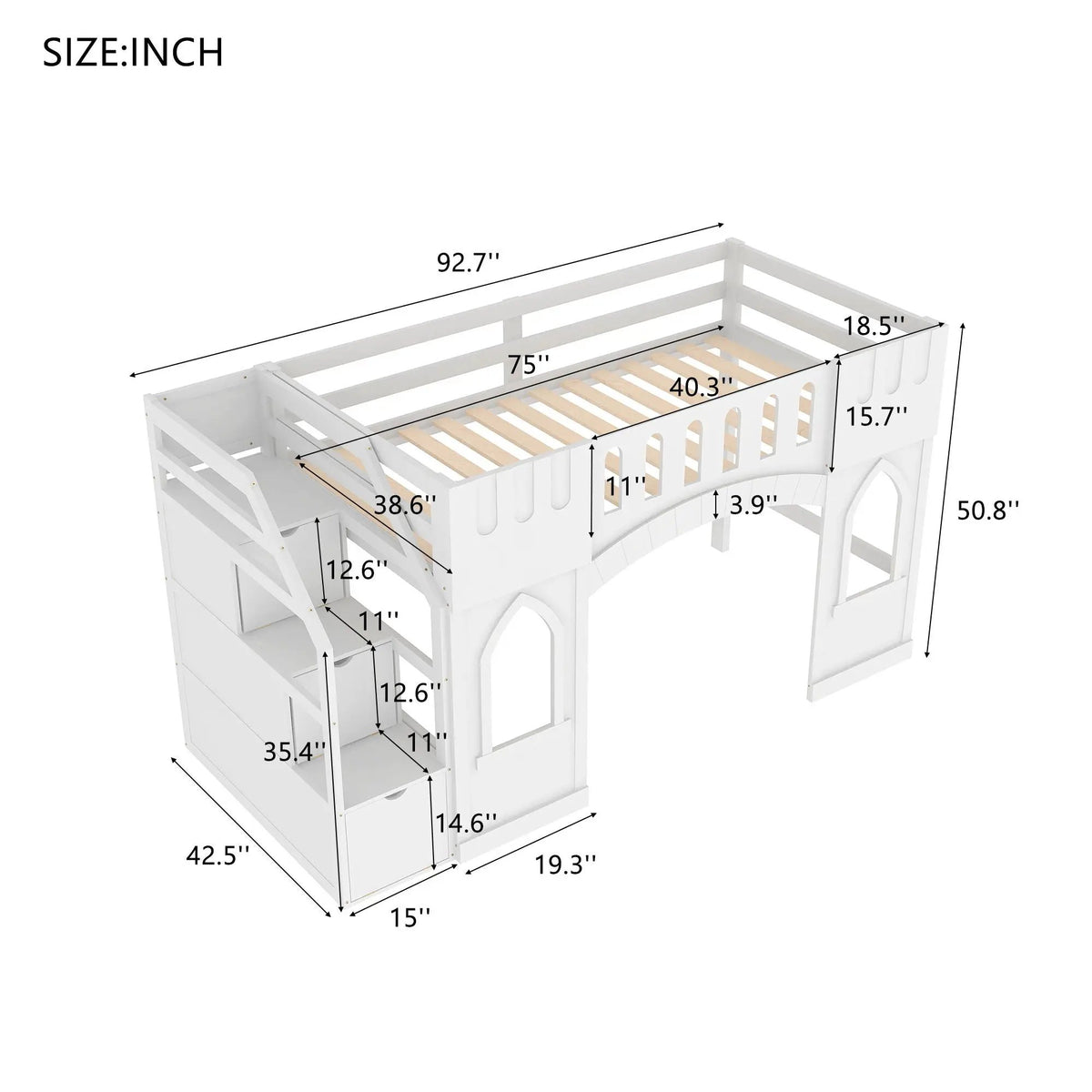 Kids Wooden Loft Bed | Storage Staircase | Dual Windows