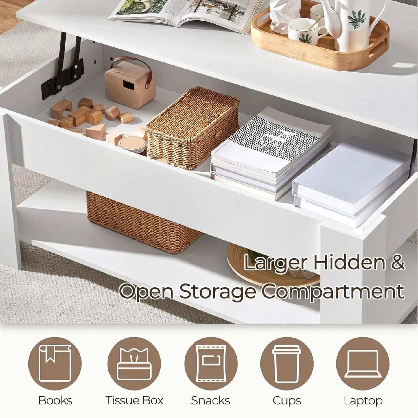 Lift Top Coffee Table With Hidden Compartment And White Finish from PriceLows™
