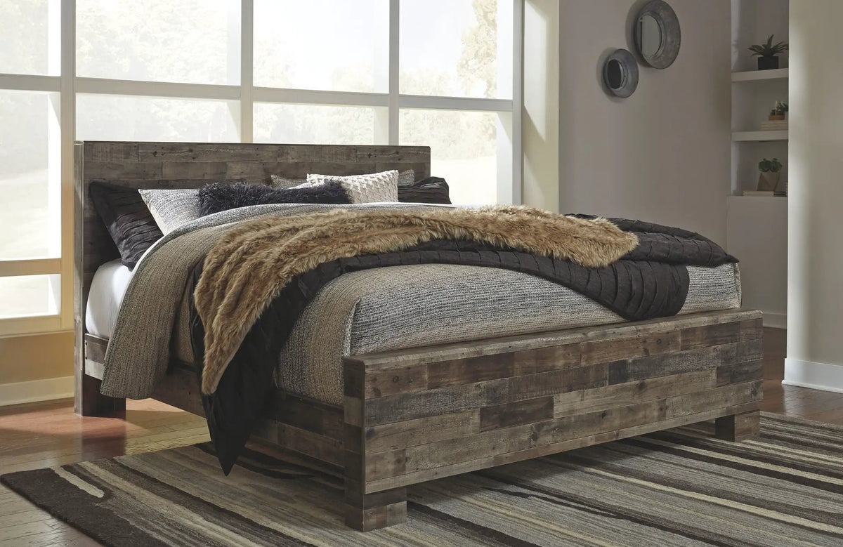 Derekson Panel Bedroom Set | 4-Piece | Rustic Butcher Block Finish | Replicated Pine Grain