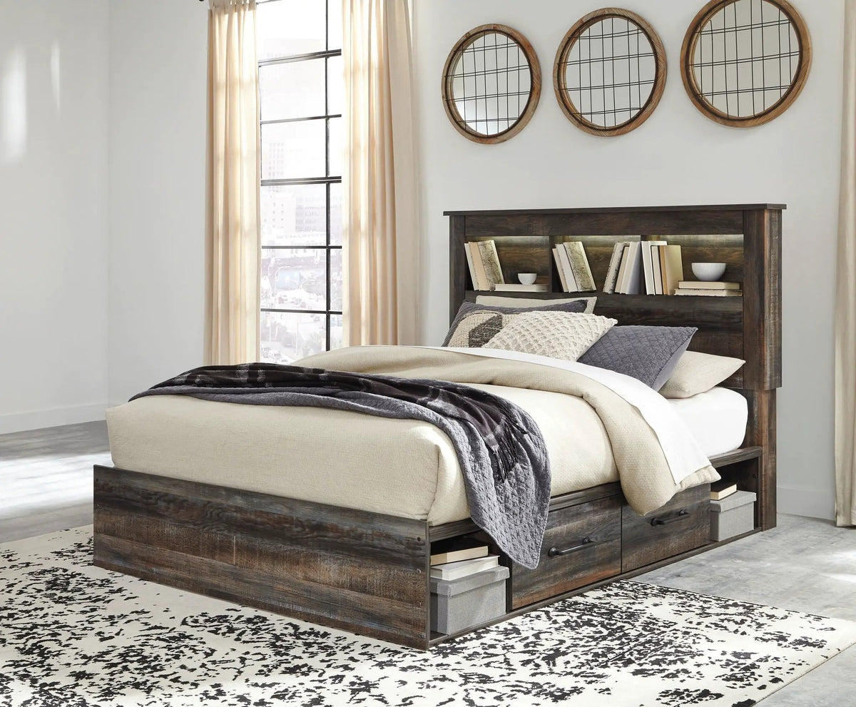 Drystan Panel Bookcase Bed | Storage Headboard | Rustic Industrial Style | 85 Inch Length