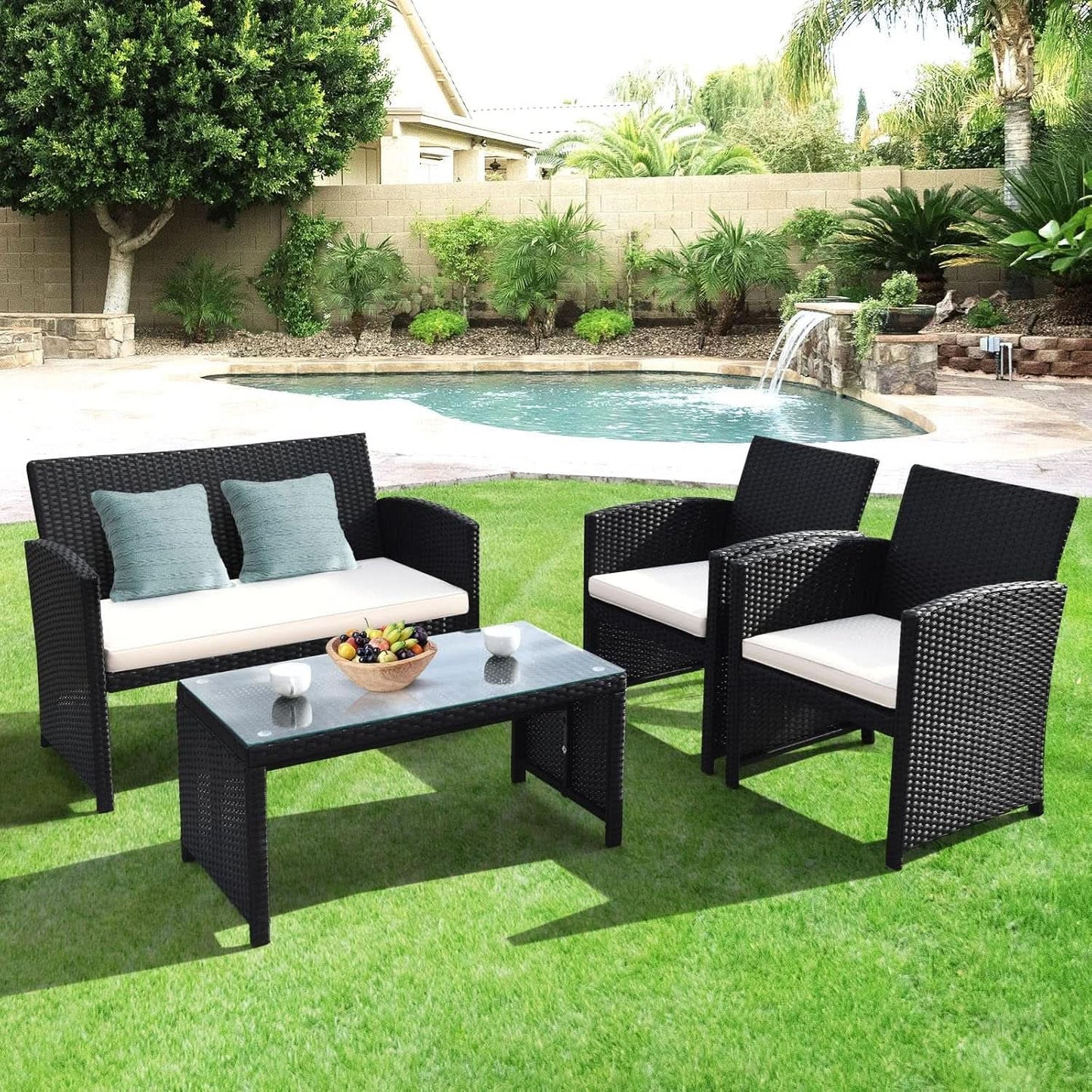 Rattan Outdoor Patio Furniture Set 4 Piece White Cushions from PriceLows™