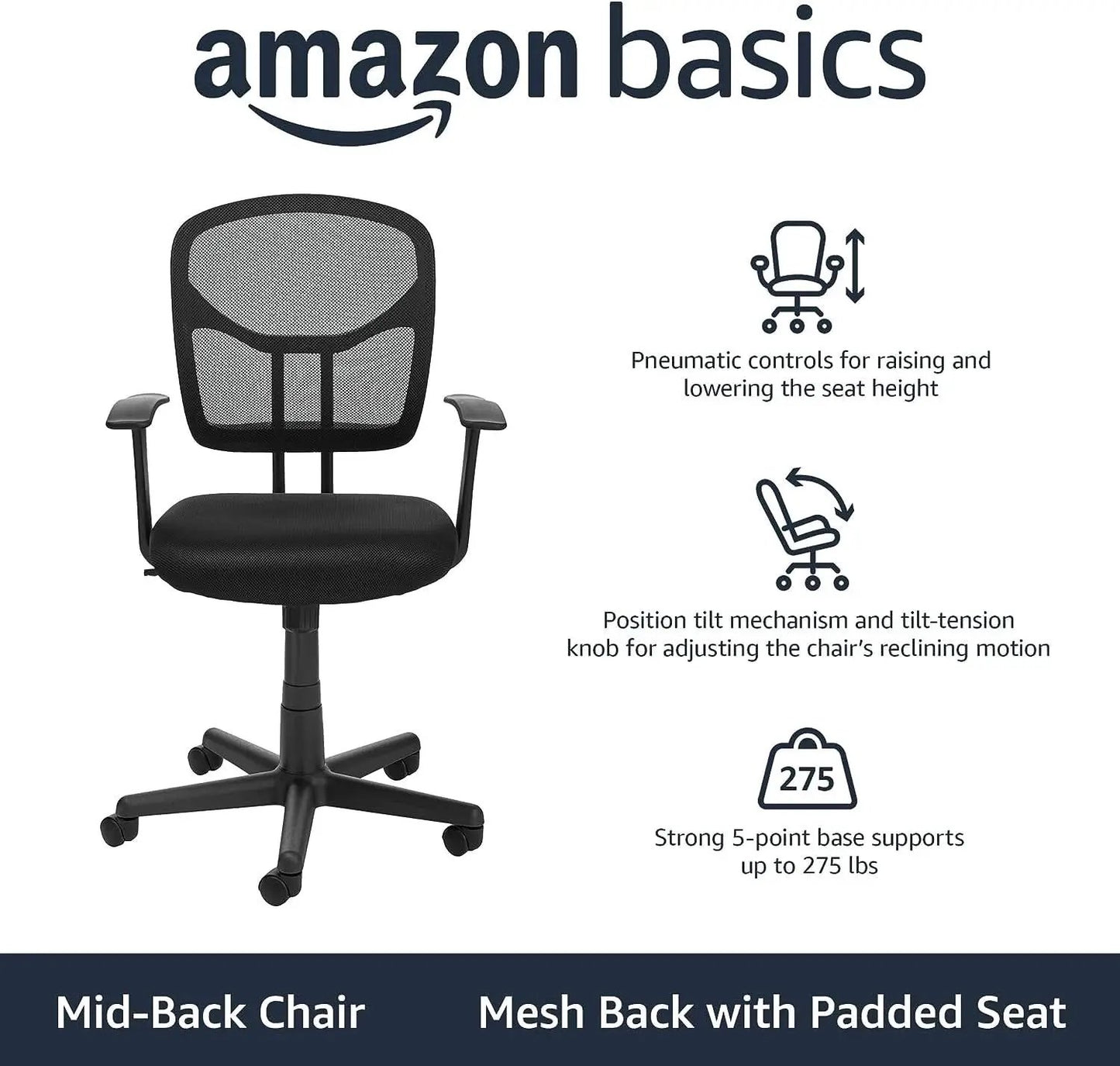 Mesh Mid Back Office Chair With Adjustable Height And 360 Degree Swivel Black from PriceLows™