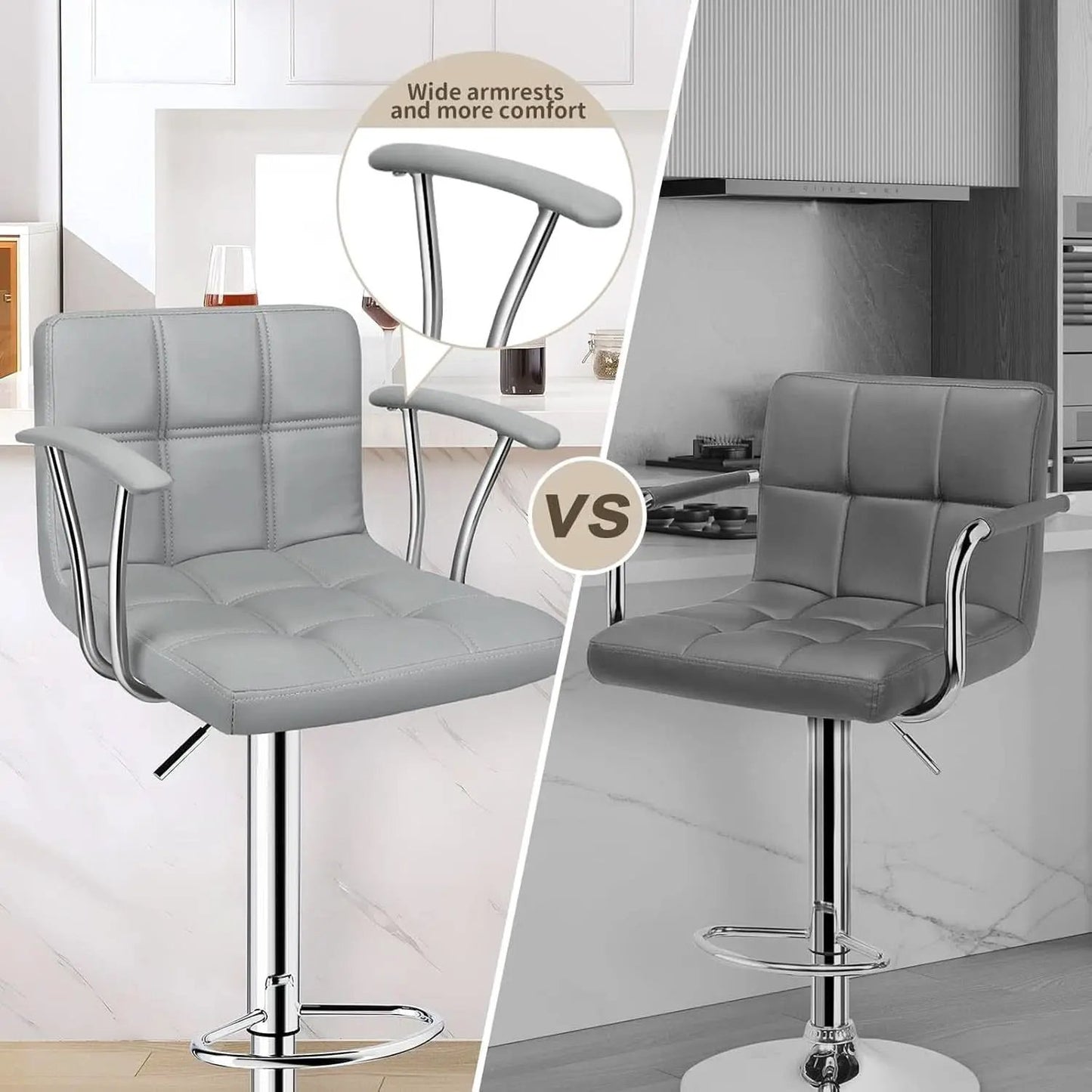 Counter Height Bar Stools Set 2 Armrest Swivel Leather Grey from PriceLows™