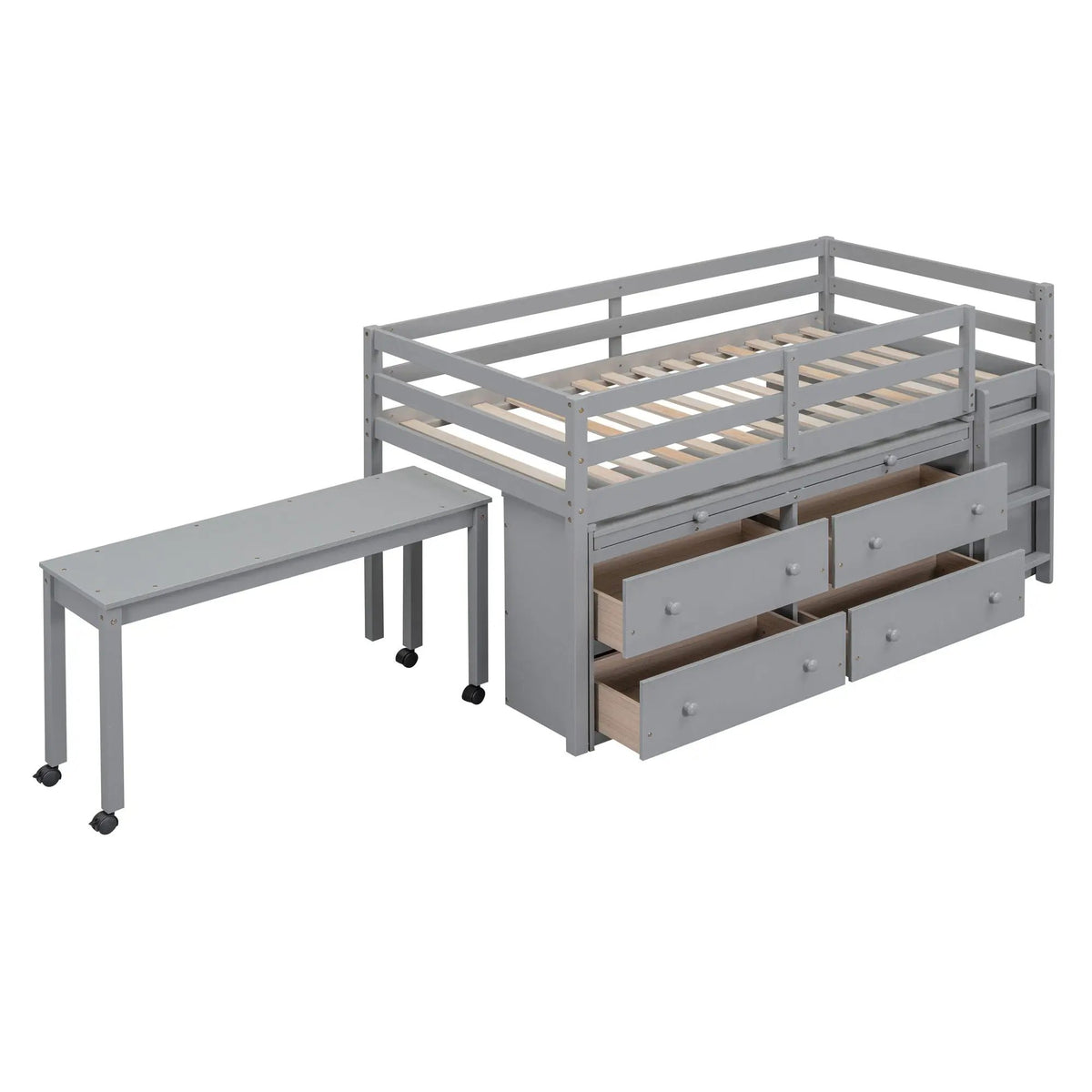 Loft Bed With Retractable Desk | 4 Front Drawers | Lateral Portable Desk | Side Shelves