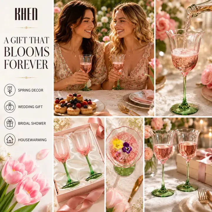 Khen Blossom Pink Tulip Wine Glasses Set of 2, Hand Blown Colored Crystal
