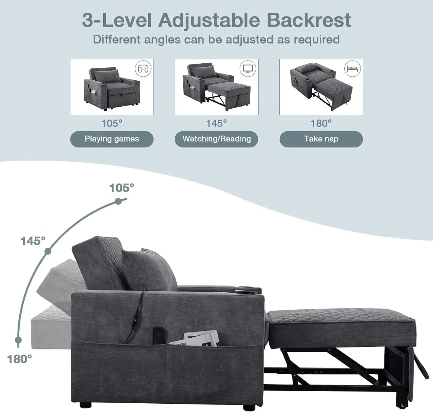 Light Grey Multifunctional Convertible Sofabed With Massage from PriceLows™