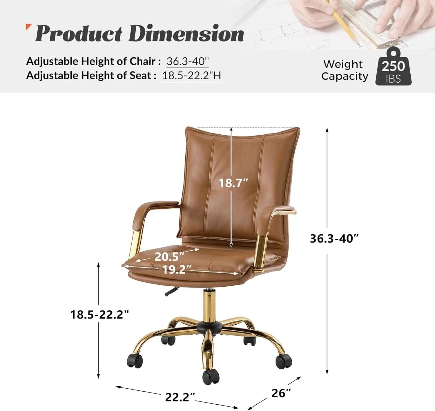 Adjustable Faux Leather Desk Chair With Golden Legs Camel from PriceLows™