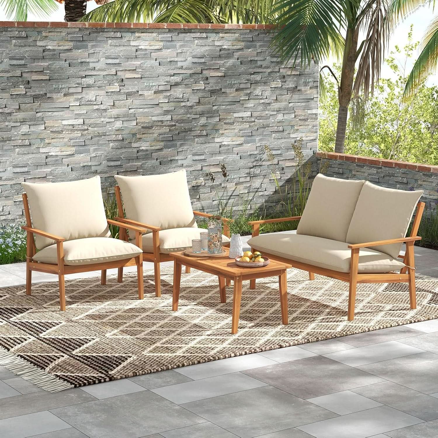 Outdoor Acacia Wood Patio Set With Cushions And Coffee Table from PriceLows™
