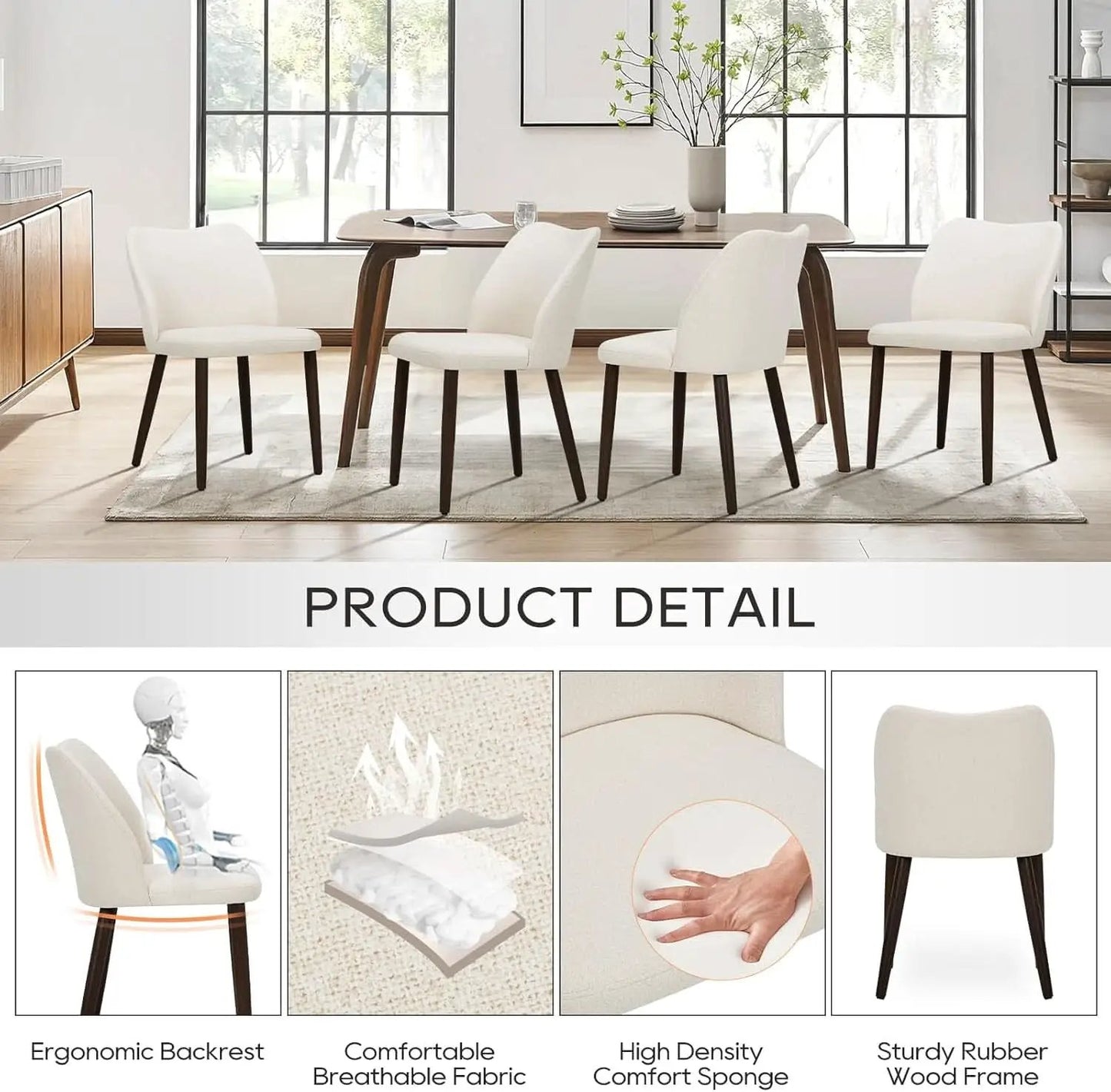 Upholstered Dining Chairs Pair Beige Fabric Wood Legs from PriceLows™