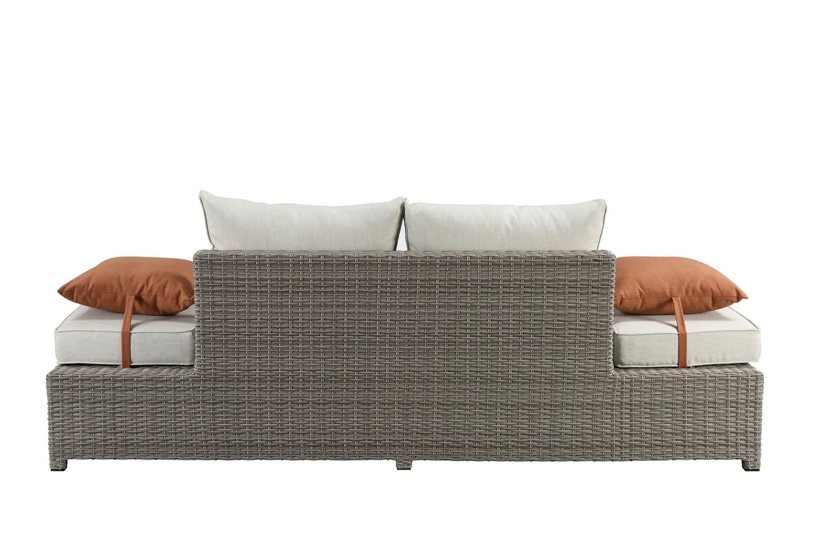 Salena All Weather Wicker Patio Sofa & Ottoman With 2 Toss Pillows 2 Piece Outdoor | 31 x 83 x 26 in | Polyester & Fabric | Gray / Beige