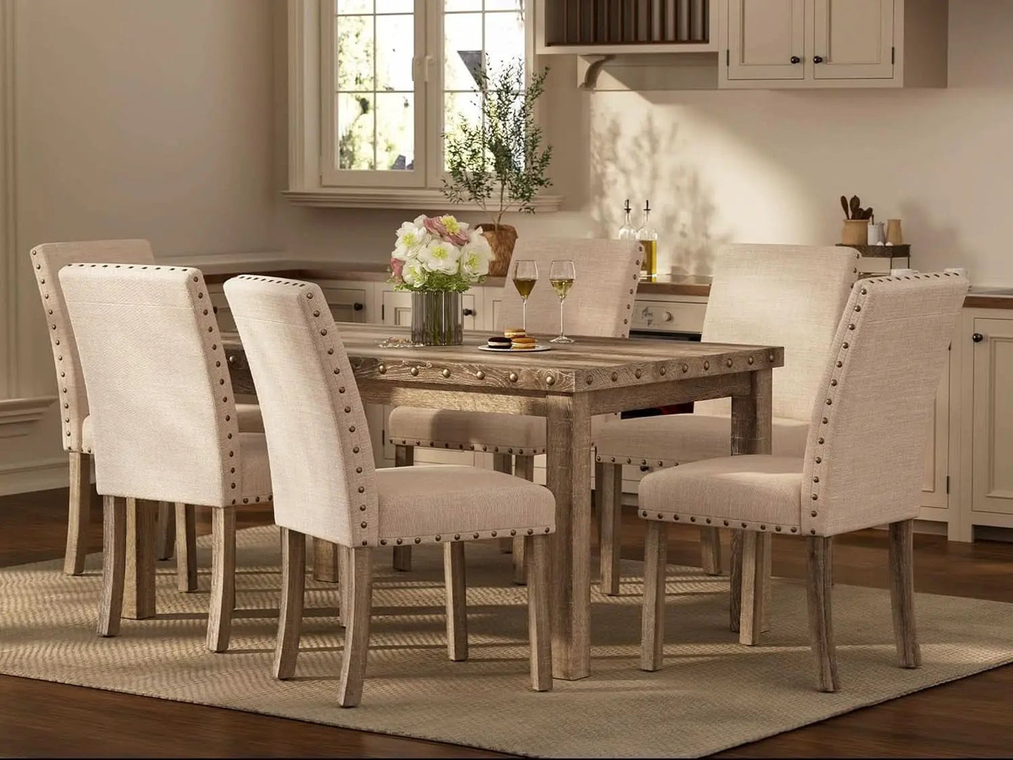 Rustic Dining Table Set Six NailheadAccents Chairs from PriceLows™