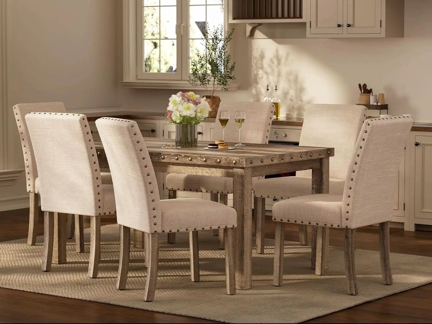 Rustic Dining Table Set Six NailheadAccents Chairs from PriceLows™