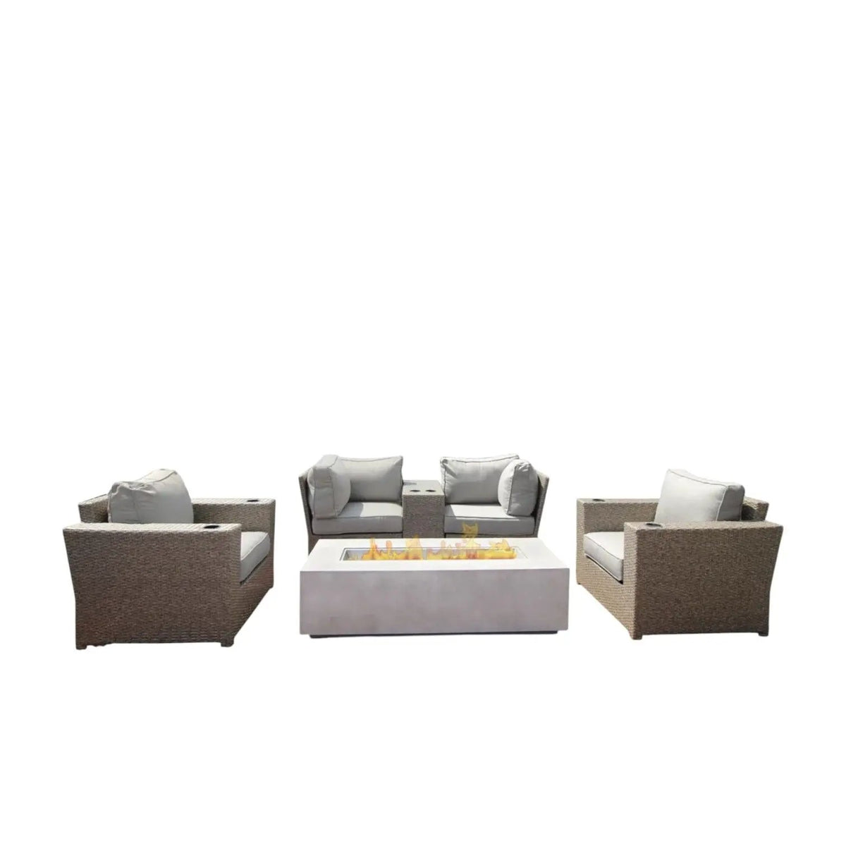 Outdoor Conversation Set | Fire Pit Included | 5 Inch Olefin Cushions | Espresso HDPE Wicker