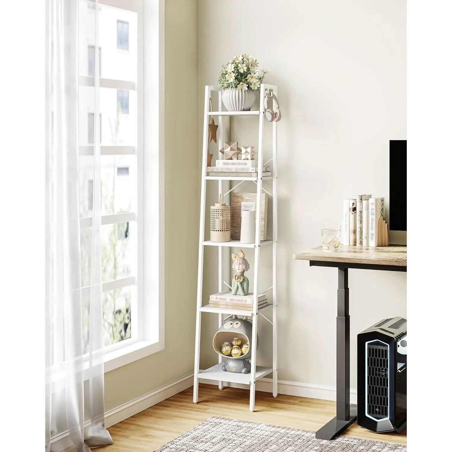 5 Tier White Ladder Shelf Bookcase With Two Hooks For Corner from PriceLows™