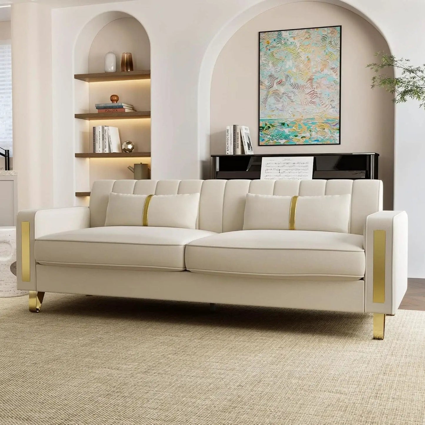 86 Inch Beige Velvet Loveseat With Gold Metal Legs Modern from PriceLows™