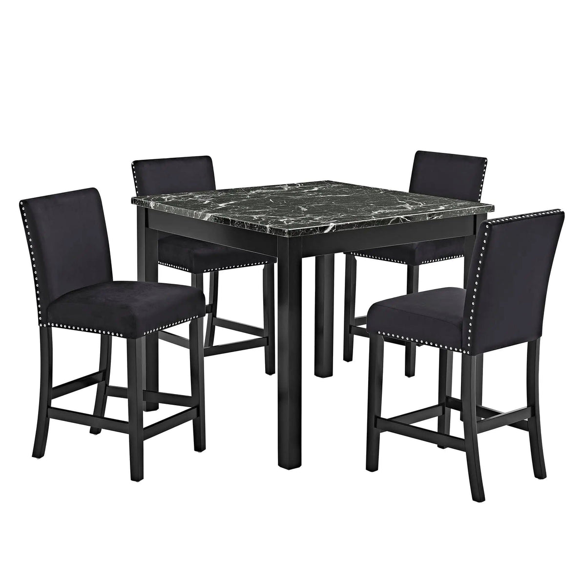5 Piece Counter Height Dining Set With Table, Tufted Nail Head Chairs - | 5-Piece Set | Solid Wood & Faux Marble | Black