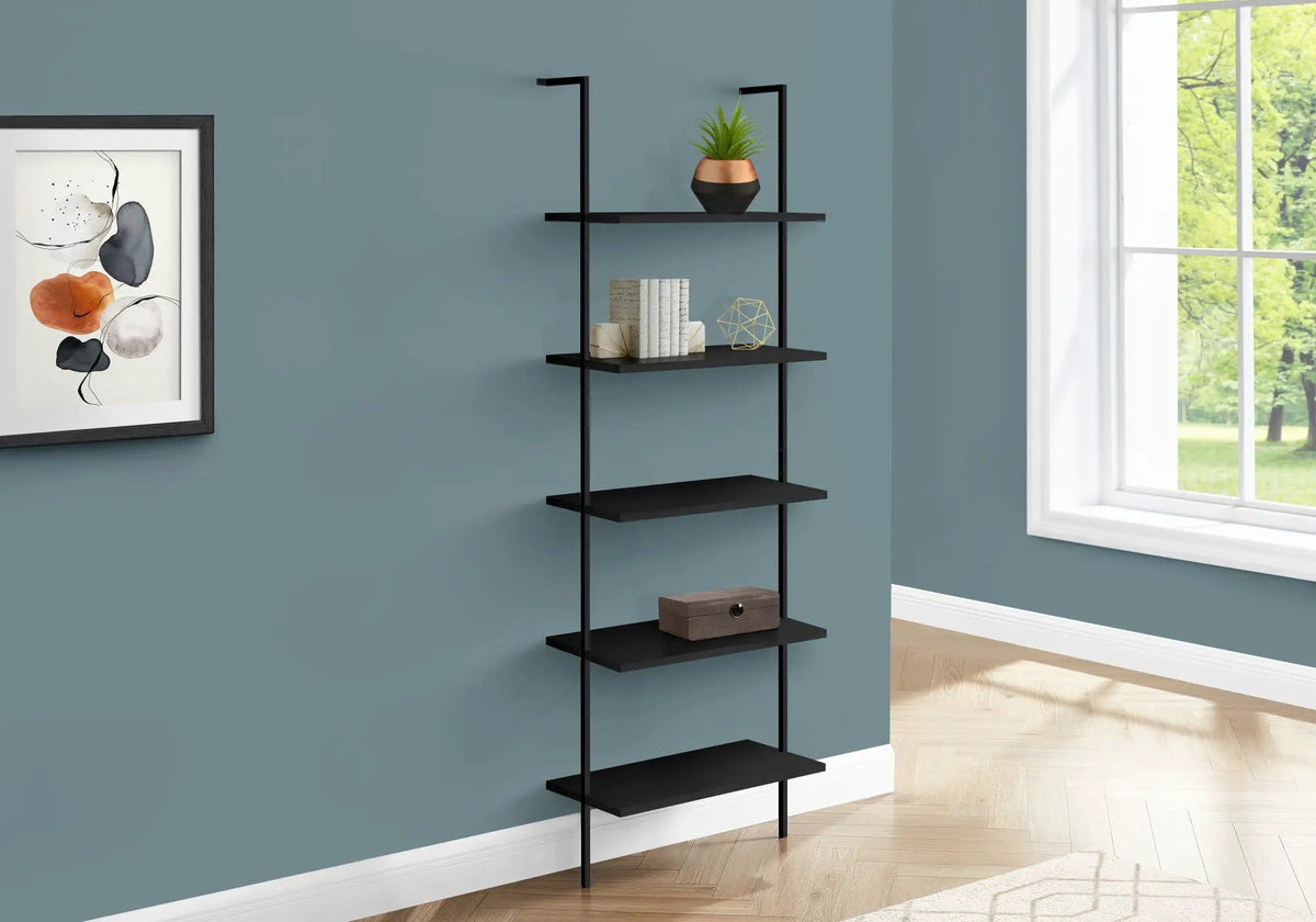5 Tier Ladder Etagere Bookcase | 72 Inch Height | Satin Metal Frame | Open Shelves