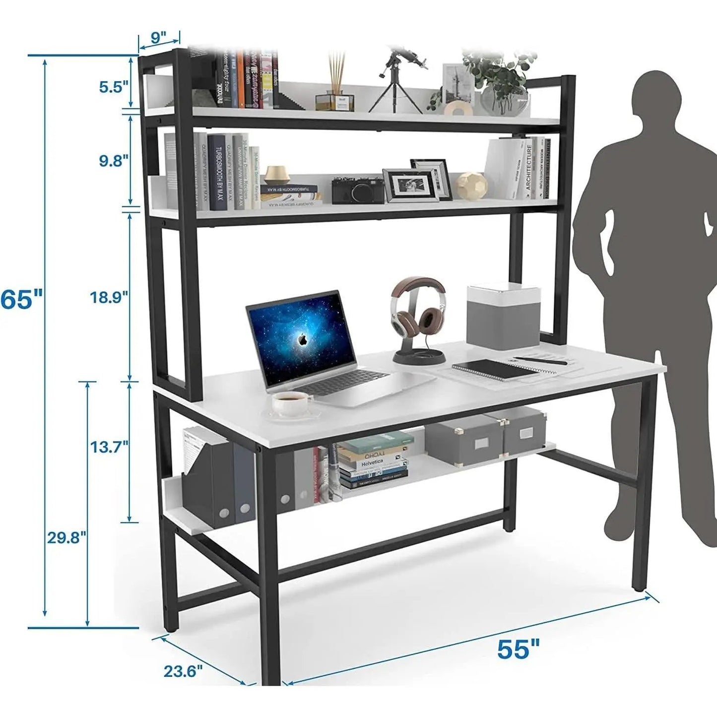 55 Inch Desk With Hutch And Bookshelf Open Shelves from PriceLows™