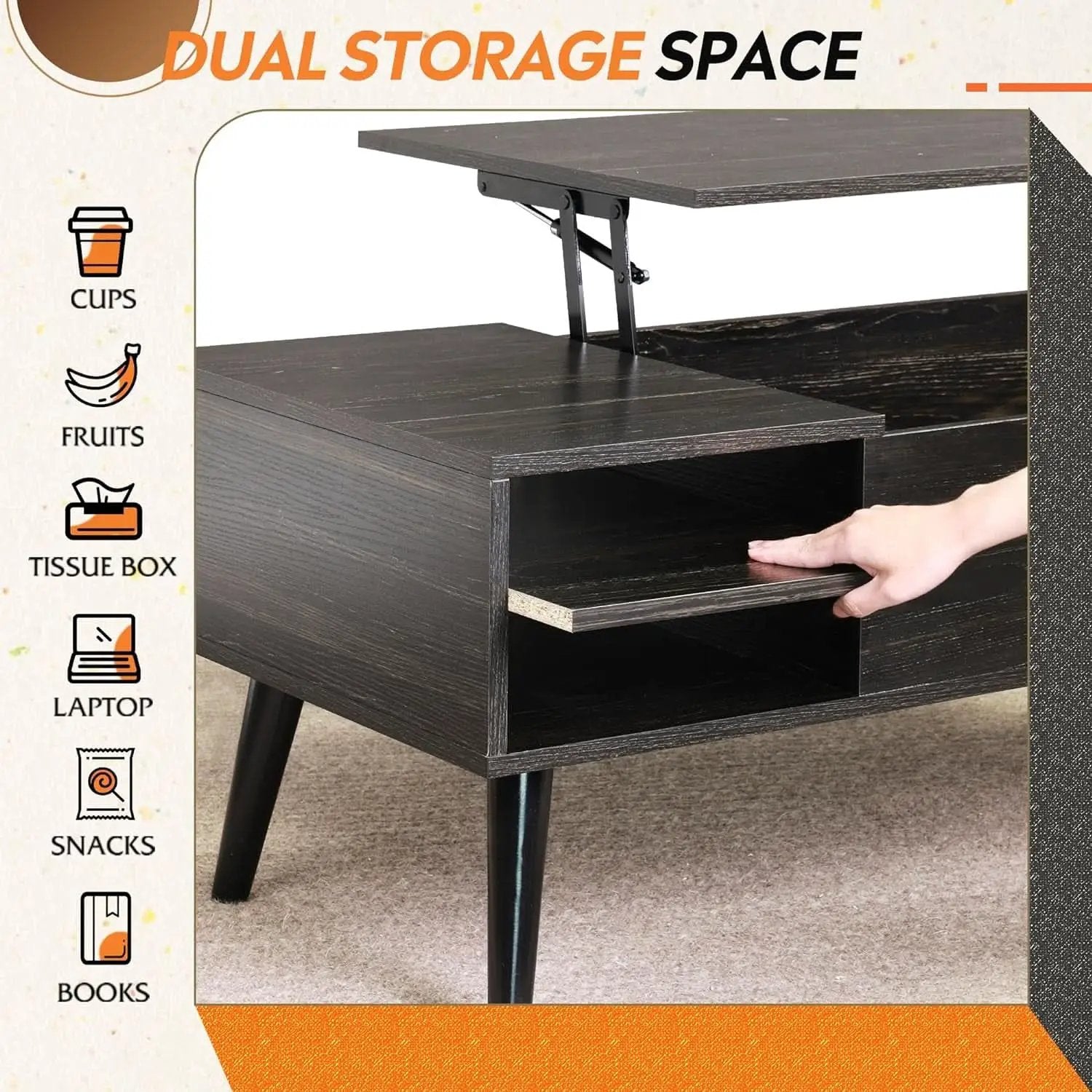 Wood Lift Top Coffee Table Hidden Compartment Charcoal from PriceLows™