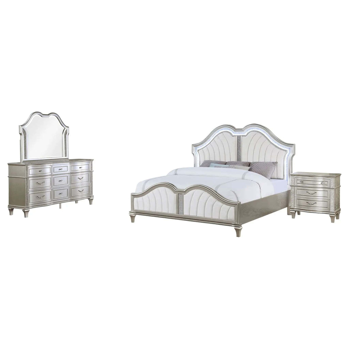 Evangeline 4-piece Eastern King Bedroom Set Silver | 4-Piece Set | Chenille | Oak