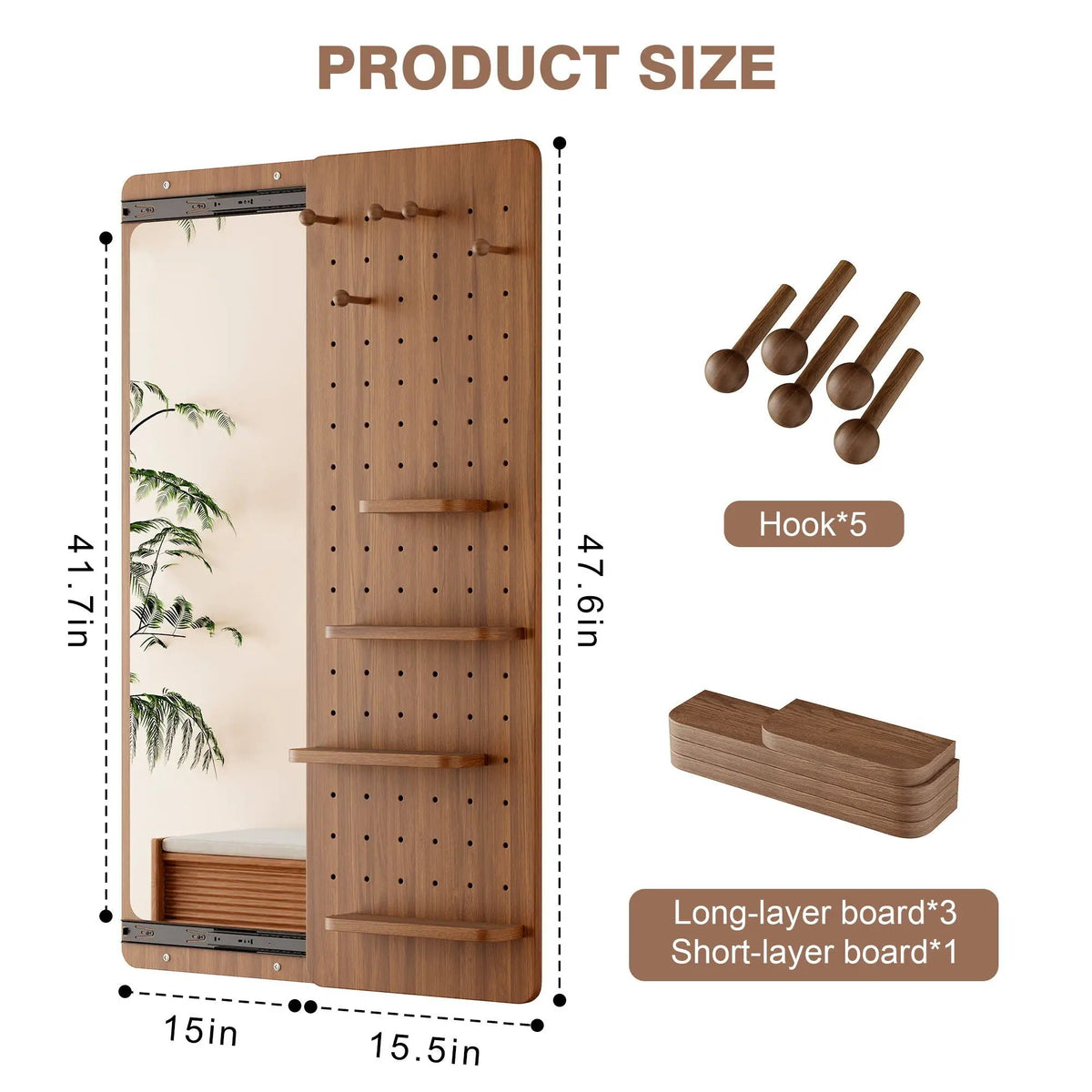 Wall Mounted Full Length Mirror | Shelf And Hook | Solid Rubber Wood | Push-Pull Removable Panel