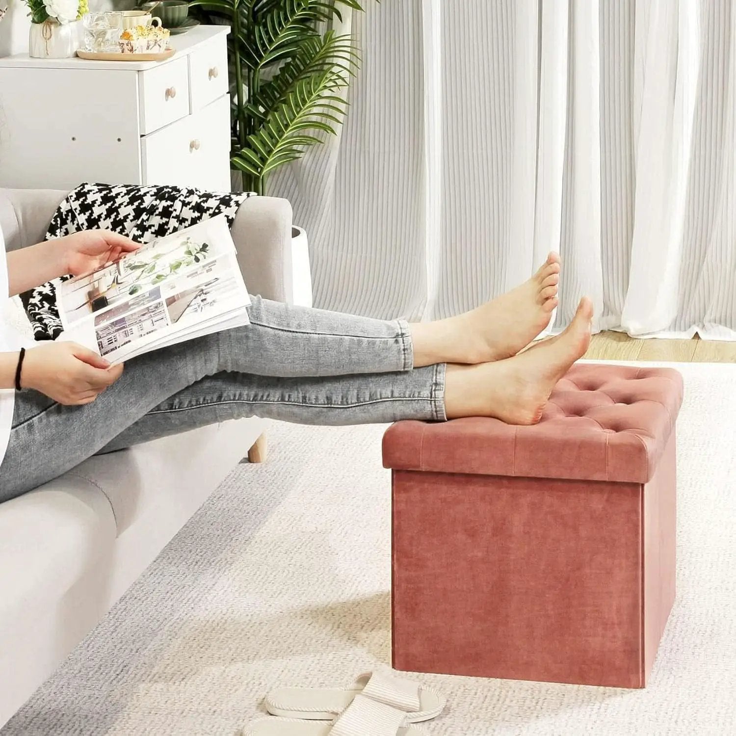 Warm Red Velvet Tufted Upholstered Storage Ottoman from PriceLows™
