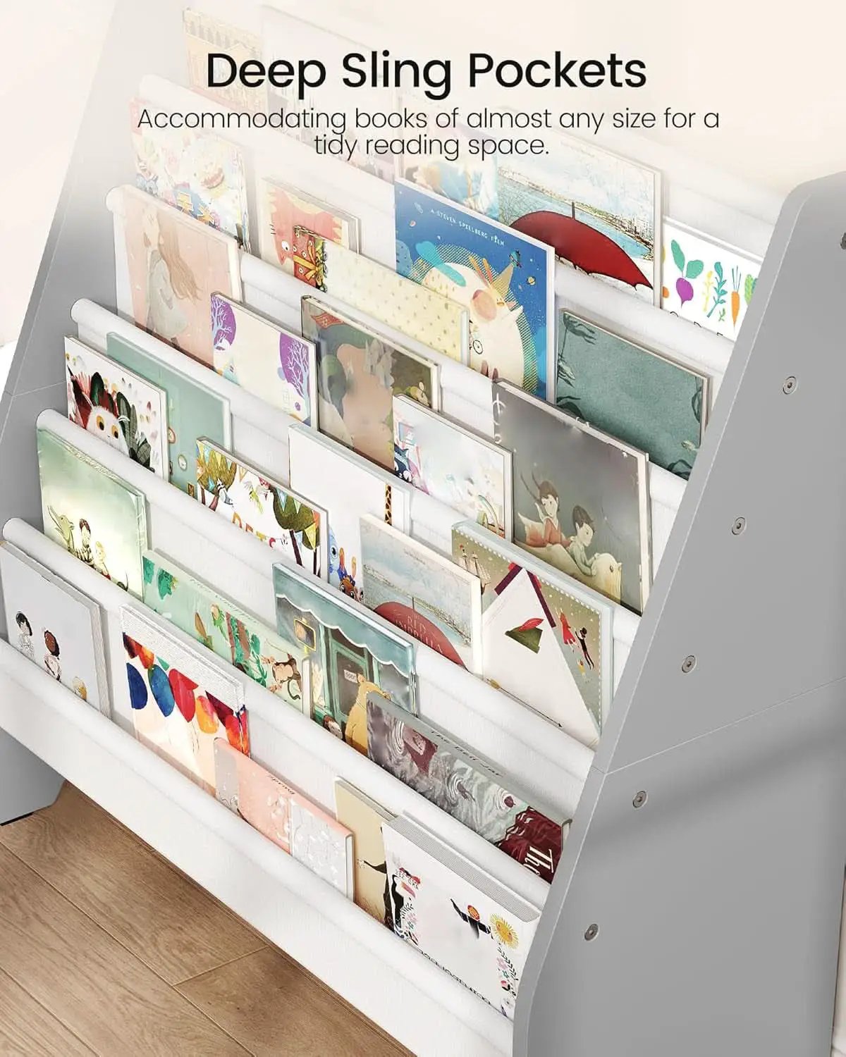 6 Tier Kids Bookshelf White And Gray Sling Book Organizer from PriceLows™