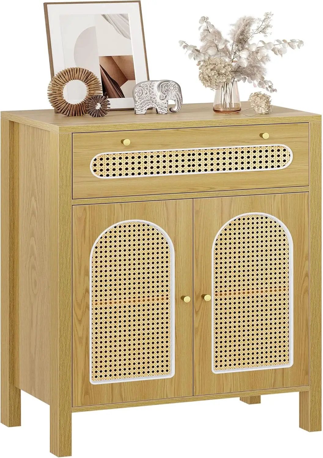 Two Piece Rattan Accent Sideboard Buffet Cabinet With Large Drawers 36 Inch High Natural Finish from PriceLows™