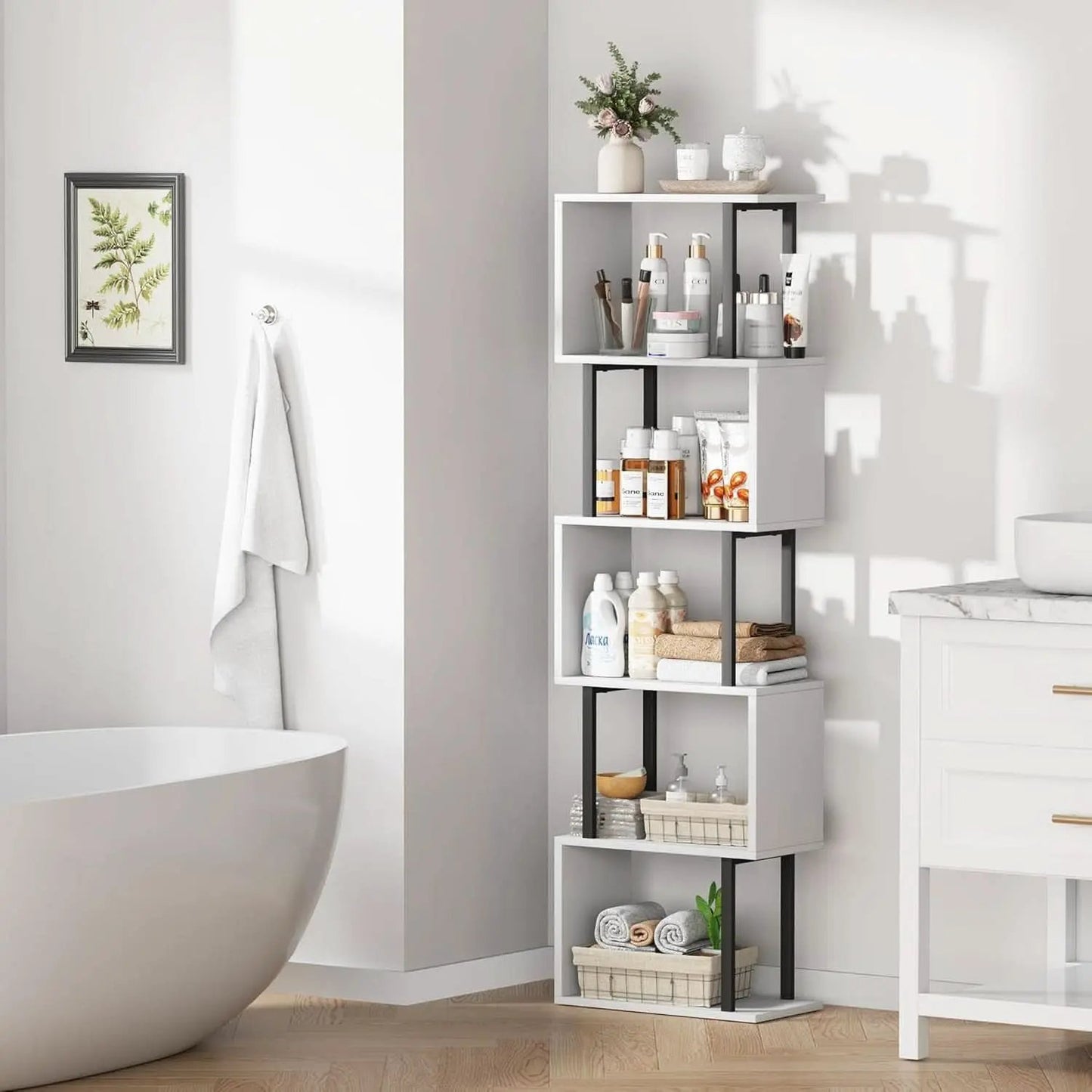 Five Tier Bookshelf White Bookcase Living Room Furniture from PriceLows™