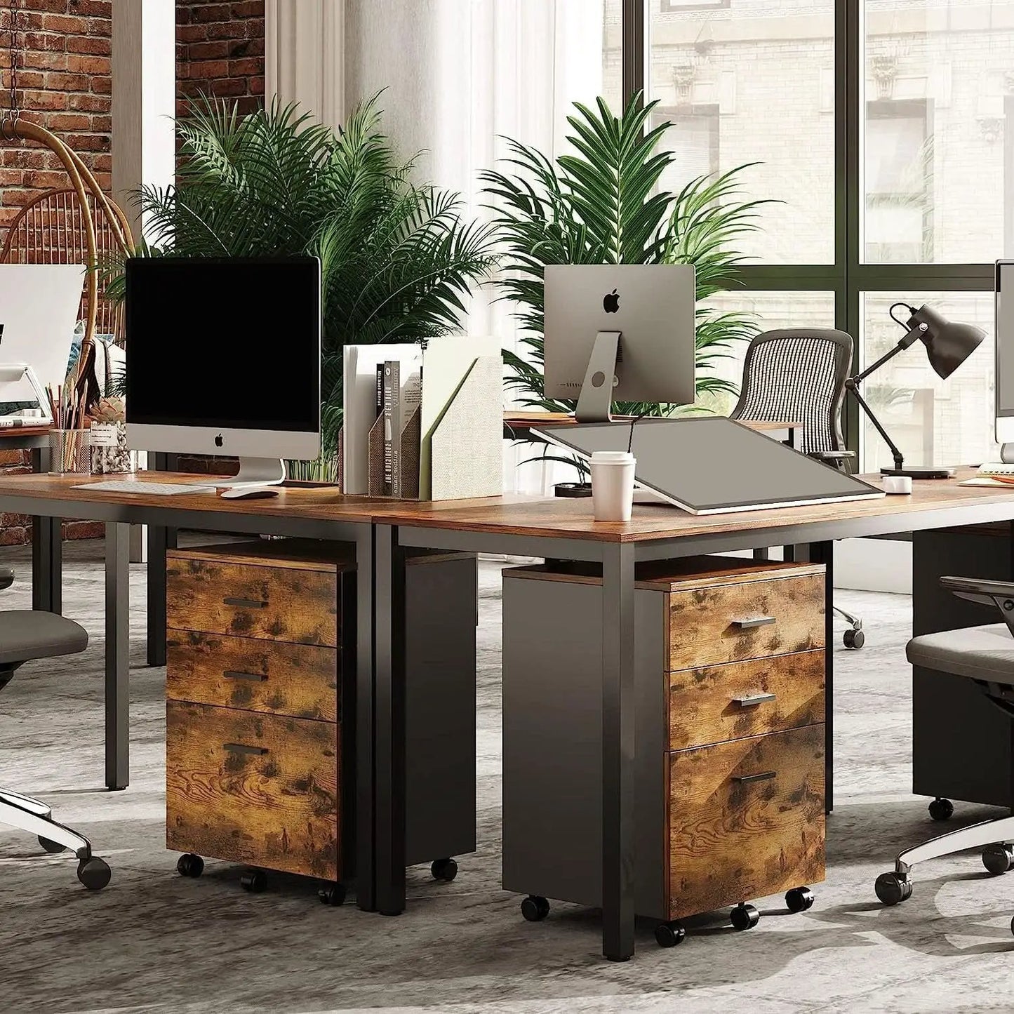 Rustic Brown Rolling File Cabinet With 3 Drawers For Office from PriceLows™
